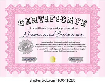 Pink Certificate diploma or award template. With quality background. Money Pattern design. Customizable, Easy to edit and change colors. 