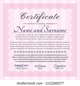 Pink Certificate diploma or award template. Excellent design. Detailed. With complex linear background. 