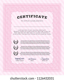 Pink Certificate diploma or award template. With great quality guilloche pattern. Detailed. Elegant design. 