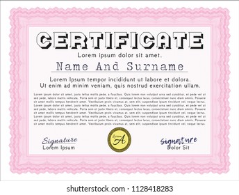 Pink Certificate diploma or award template. Money style design. With guilloche pattern. Detailed. 
