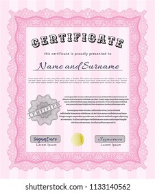 Pink Certificate diploma or award template. With great quality guilloche pattern. Money style design. Vector illustration. 