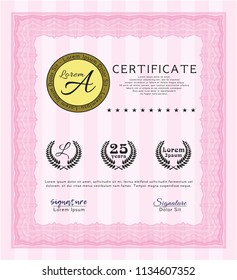 Pink Certificate diploma or award template. Artistry design. Customizable, Easy to edit and change colors. With background. 