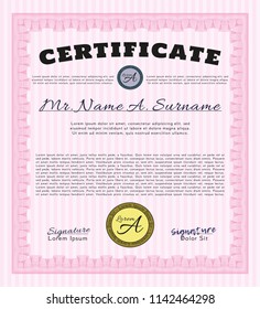 Pink Certificate diploma or award template. Cordial design. With background. Detailed. 