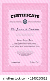Pink Certificate diploma or award template. Money style design. With quality background. Vector illustration. 