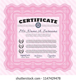Pink Certificate diploma or award template. Printer friendly. Elegant design. Detailed. 