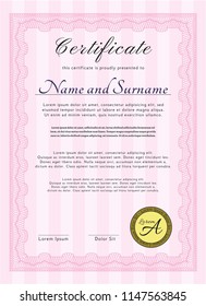 Pink Certificate diploma or award template. Detailed. With background. Elegant design. 
