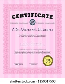 Pink Certificate diploma or award template. Customizable, Easy to edit and change colors. With complex background. Retro design. 