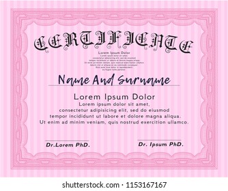 Pink Certificate diploma or award template. Easy to print. Vector illustration. Excellent design. 