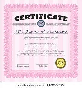 Pink Certificate diploma or award template. With guilloche pattern and background. Sophisticated design. Detailed. 