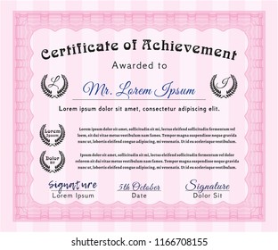 Pink Certificate diploma or award template. With background. Excellent design. Vector illustration. 