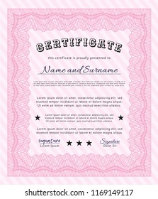 Pink Certificate diploma or award template. With great quality guilloche pattern. Detailed. Sophisticated design. 