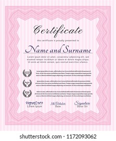 Pink Certificate diploma or award template. Vector illustration. With complex background. Nice design. 