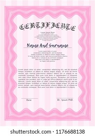 Pink Certificate diploma or award template. Money design. Complex background. Customizable, Easy to edit and change colors. 