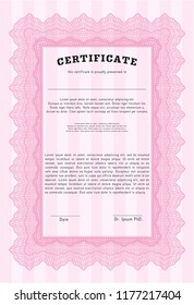 Pink Certificate diploma or award template. With guilloche pattern and background. Elegant design. Vector illustration. 