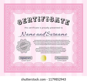 Pink Certificate diploma or award template. Printer friendly. Money Pattern. Detailed. 