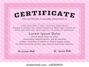 Pink Certificate diploma or award template. Vector illustration. With linear background. Modern design. 