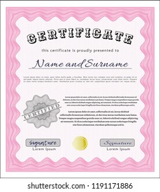 Pink Certificate diploma or award template. Vector illustration. With great quality guilloche pattern. Perfect design. 