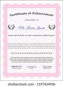 Pink Certificate Diploma Or Award Template. Elegant Design. Vector Illustration. With Linear Background. 