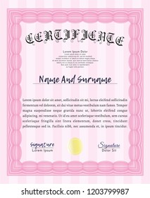 Pink Certificate diploma or award template. Artistry design. Vector illustration. Easy to print. 