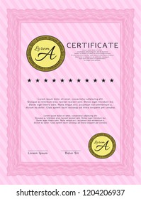 Pink Certificate diploma or award template. Easy to print. Artistry design. Detailed. 