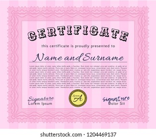 Pink Certificate diploma or award template. Vector illustration. With guilloche pattern. Beauty design. 