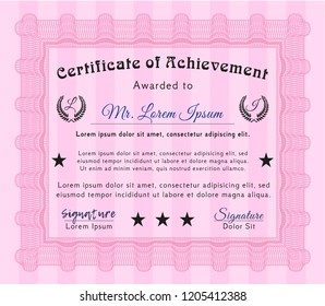 Pink Certificate diploma or award template. Artistry design. With complex linear background. Vector illustration. 