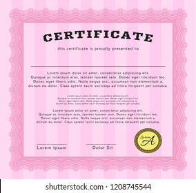 Pink Certificate diploma or award template. With guilloche pattern. Money design. Customizable, Easy to edit and change colors. 