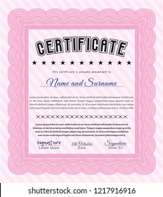 Pink Certificate diploma or award template. With linear background. Vector illustration. Cordial design. 