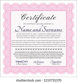 Pink Certificate diploma or award template. With background. Money style design. Vector illustration. 