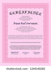 Pink Certificate diploma or award template. Elegant design. Detailed. Easy to print. 