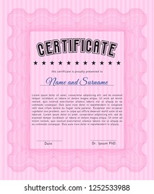 Pink Certificate diploma or award template. Excellent design. Vector illustration. With linear background. 