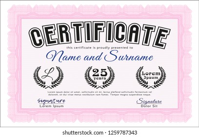 Pink Certificate diploma or award template. With complex linear background. Lovely design. Customizable, Easy to edit and change colors. 