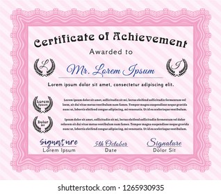 Pink Certificate diploma or award template. Cordial design. Detailed. Complex background. 