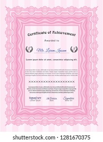 Pink Certificate diploma or award template. Printer friendly. Detailed. Cordial design. 
