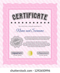 Pink Certificate diploma or award template. Printer friendly. Vector illustration. Retro design. 