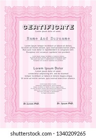 Pink Certificate diploma or award template. Elegant design. Vector illustration. Easy to print. 