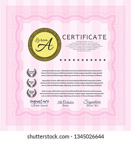 Pink Certificate diploma or award template. Vector illustration. With guilloche pattern and background. Good design. 