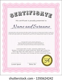 Pink Certificate diploma or award template. With great quality guilloche pattern. Customizable, Easy to edit and change colors. Money style design. 