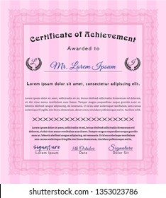 Pink Certificate diploma or award template. Cordial design. Printer friendly. Vector illustration. 