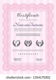 Pink Certificate diploma or award template. Customizable, Easy to edit and change colors. With great quality guilloche pattern. Money design. 