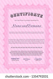 Pink Certificate diploma or award template. Excellent design. With linear background. Vector illustration. 