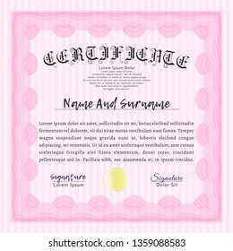 Pink Certificate diploma or award template. With guilloche pattern. Customizable, Easy to edit and change colors. Retro design. 