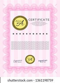 Pink Certificate diploma or award template. Money style design. With great quality guilloche pattern. Vector illustration. 