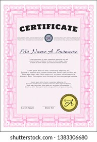 Pink Certificate diploma or award template. Printer friendly. Modern design. Detailed. 