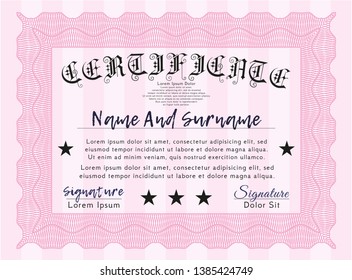 Pink Certificate diploma or award template. With background. Modern design. Customizable, Easy to edit and change colors. 