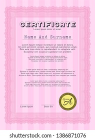 Pink Certificate diploma or award template. Money style design. Detailed. Printer friendly. 