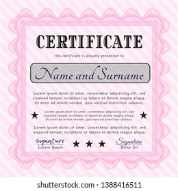 Pink Certificate diploma or award template. Artistry design. Easy to print. Vector illustration. 