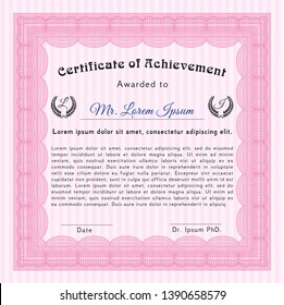 Pink Certificate diploma or award template. With complex linear background. Detailed. Artistry design. 