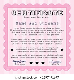 Pink Certificate diploma or award template. Sophisticated design. With great quality guilloche pattern. Detailed. 