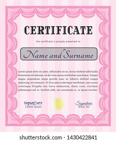 Pink Certificate diploma or award template. Customizable, Easy to edit and change colors. Easy to print. Money Pattern design. 